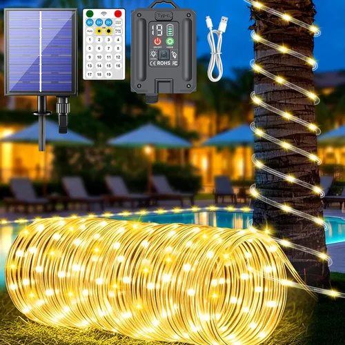 Vista 14 de Nuevas luces de cuerda solares mejoradas para exteriores, impermeables, 32m, 300 LED, luces de tira solares con control remoto, temporizador