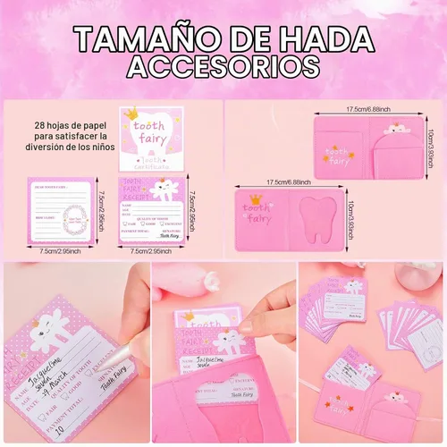 Vista 3 de Breling Kit de almohada de hadas de dientes para niñas, regalo de dientes rosados, lindo soporte para dientes