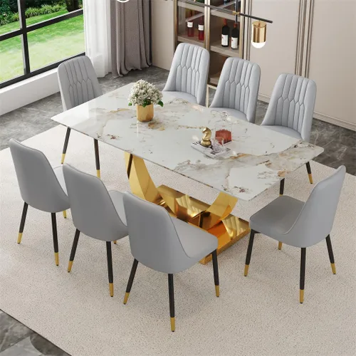 Vista 16 de Juego de mesa de comedor para 4, mesa de comedor de mármol sintético de 63 pulgadas con patas y base de acero inoxidable, sillas acolchadas