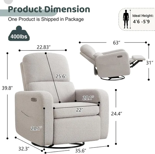 Vista 2 de Mecedora giratoria mecedora eléctrica, silla reclinable para cuarto Gris