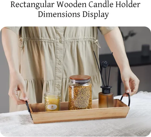 Vista 3 de Bandeja de velas rectangular de madera con asas de metal negro, portavelas de madera rústica para exhibir velas, centros de mesa para mesa