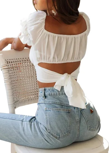 Vista 7 de LYANER - Blusa ombliguera para mujer de manga corta con volantes nudo en la espalda y hombros descubiertos blusa estilo Bardot
