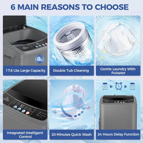 Vista 5 de Nictemaw Portable Washing Machine, 17.8Lbs Portable Washer, LED Display Full Automatic Washing Machine with 10 Programs 8 Water Levels, Drain