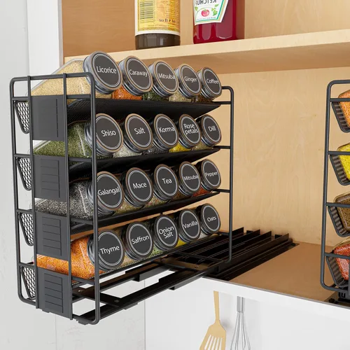 Vista 9 de SpaceAid Organizador de especias extraíble con 20 frascos, organizador de condimentos deslizante de servicio pesado para gabinetes de cocina
