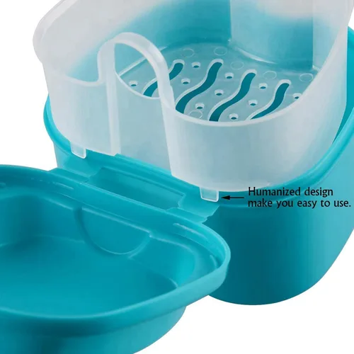 Vista 5 de 3 cajas azules para dentaduras postizas, taza de dentadura con colador, caja de almacenamiento de dientes falsos con soporte para contenedores de red