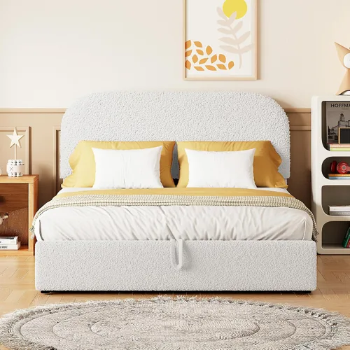 Vista 23 de Cama de Plataforma Tapizada con Forma Curva con Cabecera de Forma Curva, Marco de Cama de Madera Tamaño Full para Dormitorio de Niños y Adultos