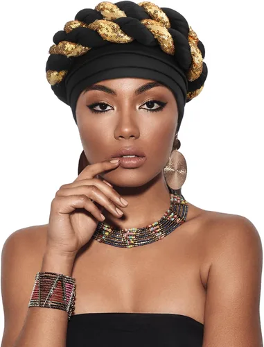 Vista 3 de Jeyiour 6 piezas de turbante africano para mujeres negras, gorro trenzado con lentejuelas, gorro elástico y trenzado africano