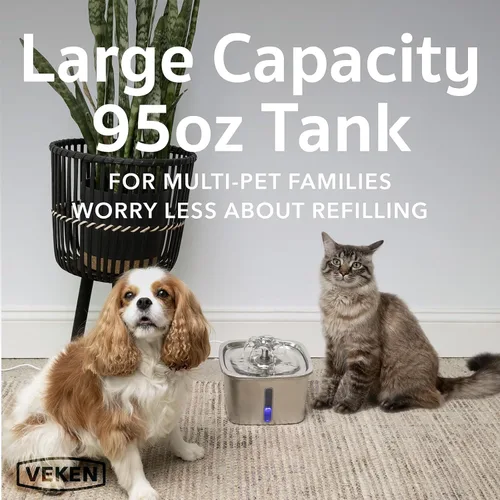 Vista 3 de Veken Ganador del Premio a la Innovación Fuente de Agua para Gatos de Acero Inoxidable, 95oz/2.8L Dispensador Automático de Agua para Mascotas
