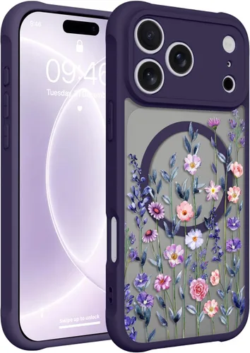 Vista 23 de Magnético para iPhone 13 con protector de pantalla [Compatible con MagSafe] Diseño de patrón floral de flores bonitas, funda delgada a prueba
