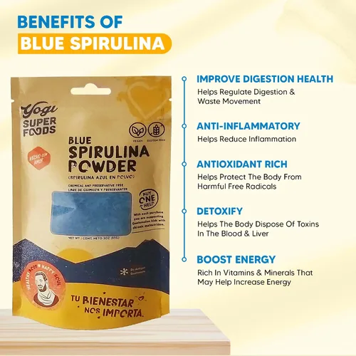 Vista 4 de Yogi Super Foods Polvo de espirulina azul hecho de extracto de algas azul-verde, planta superalimentaria, rica fuente de proteínas, para apoyo