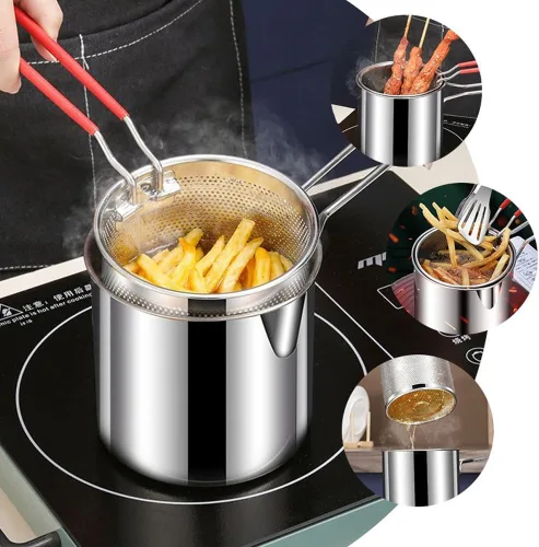Vista 3 de Olla de acero inoxidable 304 con canasta, freidora con tapa de estufa con mango de fácil agarre, olla multifuncional de gran capacidad para freír