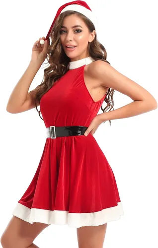 Vista 5 de Loloda 3 piezas de terciopelo suave para mujer y adulto, disfraz de Papá Noel, vestido de franela con sombrero