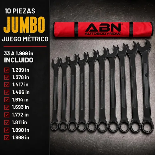 Vista 2 de ABN Juego de llaves de combinación grande 33 a 50mm - Juego de 10 llaves jumbo de extremo abierto métricas