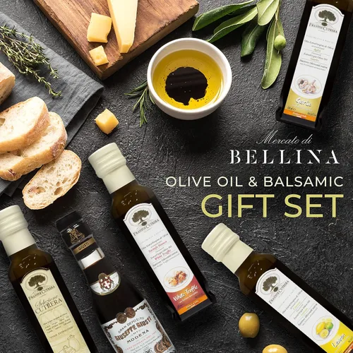 Vista 4 de Mercato di Bellina Juego de regalo de aceite de oliva italiano y balsámico, mini vinagre balsámico, trufa, ajo y aceite de oliva con sabor a limón
