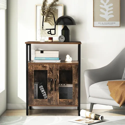Vista 9 de Giantex Armario industrial para licores con soporte para vidrio, estante extraíble para vino, 2 puertas de malla metálica, aparador pequeño