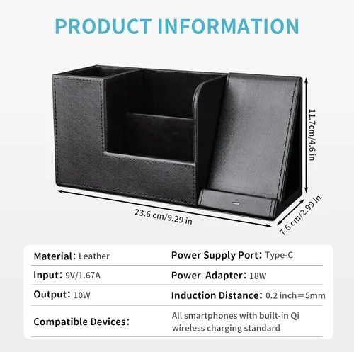 Vista 7 de Organizador de escritorio de cuero PU con soporte de estación de carga inalámbrica para iPhone 10W, soporte rectangular para caja de pañuelos negro