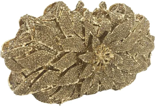 Vista 3 de Boutique De FGG Bolsos de noche con diamantes de imitación de flores para mujer, para fiesta formal, de cristal, bolso de mano de boda, mini Dorado