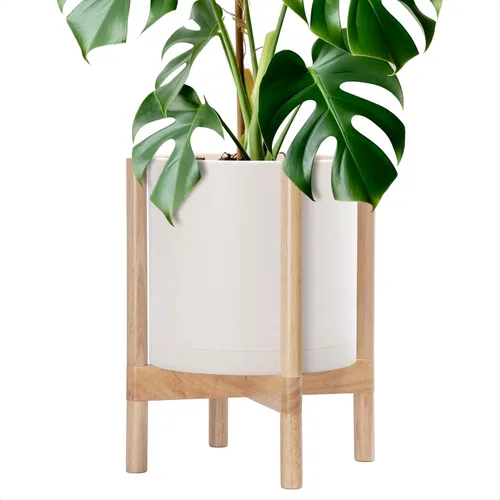 Vista 16 de Maceta de D'vine Dev con soporte - Maceta de flores de cilindro de plástico de 8.0 pulgadas con soporte de madera para interiores, maceta mate negra