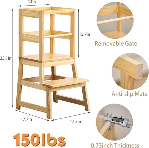 Vista 5 de Taburete de cocina para niños pequeños con alfombrilla antideslizante, Taburete de aprendizaje Montessori de madera para niños de Wood City, Torre