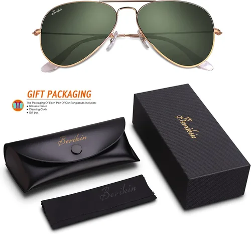 Vista 4 de Berikin Gafas de sol clásicas estilo aviador para hombres y mujeres, 100% protección UV400, 2.441in, lentes de cristal verde, marco de metal dorado