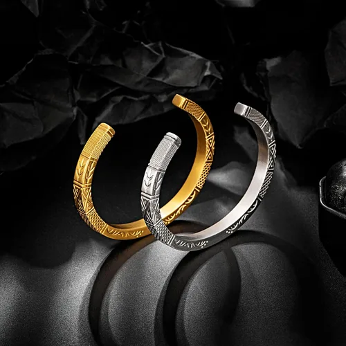 Vista 4 de murtoo Pulseras vikingas para hombre, de acero inoxidable, brazalete abierto, hecho a mano, tallado, inspirador, regalo para hombres, niños y él