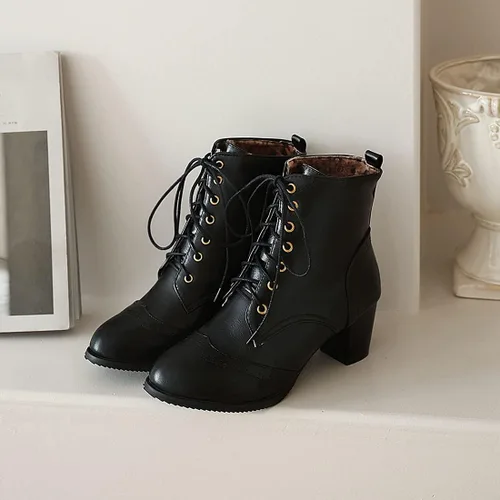 Vista 4 de VOKLIN Botines de tacón medio grueso para mujer, con puntera redonda, con cordones, estilo Oxford occidental, con cordones