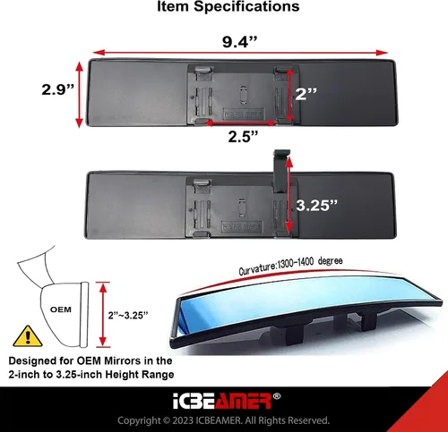 Vista 6 de Espejo retrovisor ICBEAMER de 9.4 pulgadas con clip Tinte azul convexo, vidrio panorámico de gran angular HD, antirreflejo, ajuste universal