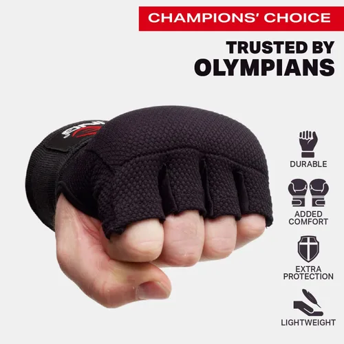 Vista 2 de STING Guantes elásticos de boxeo rápido, color negro, pequeño, tela de compresión semielástica con sección acolchada de nudillos, paneles de dedos