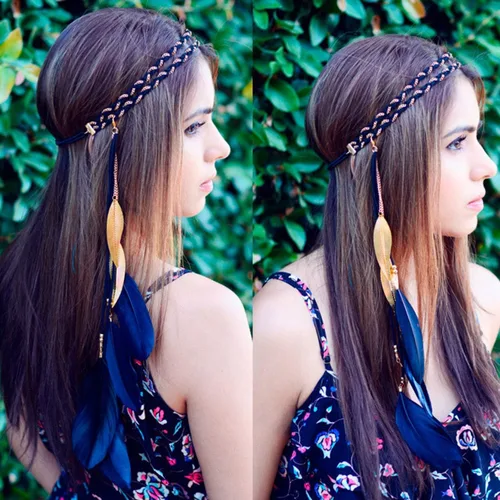 Vista 5 de Song Qing Diadema de plumas para mujer, con borlas de hojas trenzadas, accesorios para el cabello