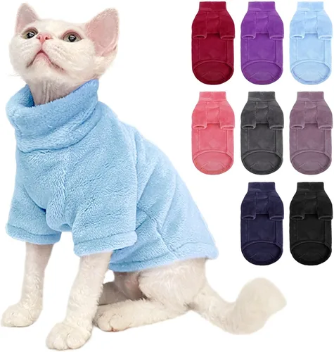Vista 10 de Suéter Abrigo de Cuello de Tortuga para Gato, Ropa Sphynx Pijamas Solo para Gatos, Suéteres de Vellón Pullover para Gatitos con Mangas, Mono