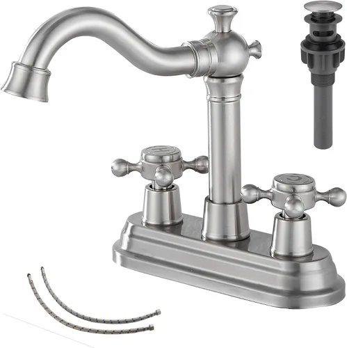 Vista 19 de Grifo de Baño GGStudy de Latón Antiguo de 2 Manijas de 4 Pulgadas Grifo Central de Tocador de Baño con Conjunto de Drenaje y Manguera de Suministro