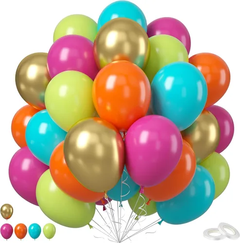 Vista 25 de Globos de látex rosa intenso, azul, morado, 50 globos de látex de 12 pulgadas con confeti metálicos para niños, temática mágica, cumpleaños, baby