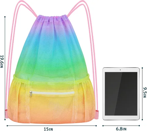 Vista 6 de Mochila de malla con cordón, bolsa de gimnasio deportiva grande para mujeres y niños con bolsillo y cremallera para playa, yoga, fútbol, fútbol, Con