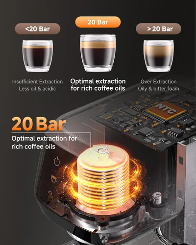 Vista 4 de AMZCHEF Máquina de café expreso de 20 bares: cafetera profesional con espumador de leche, temperatura y presión ajustables, cafetera compacta