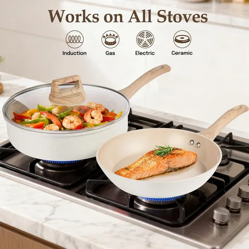 Vista 5 de M MELENTA Juego de ollas y sartenes antiadherentes, juego de utensilios de cocina de cerámica no tóxica, 11 piezas de utensilios de cocina de Crema