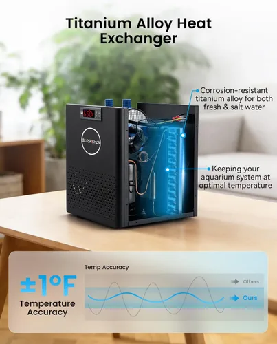 Vista 3 de BAOSHISHAN 1/13 HP Enfriador de acuario 26 galones 100L sistema de refrigeración por agua Quiet Compressor Refrigeration, Precise Cooling Aquarium