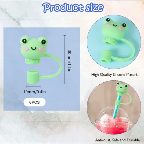 Vista 2 de LIYDE 6 fundas de paja de rana, reutilizables, a prueba de polvo, protector suave de silicona para pajitas de 0.315 in, cubiertas de punta de copa