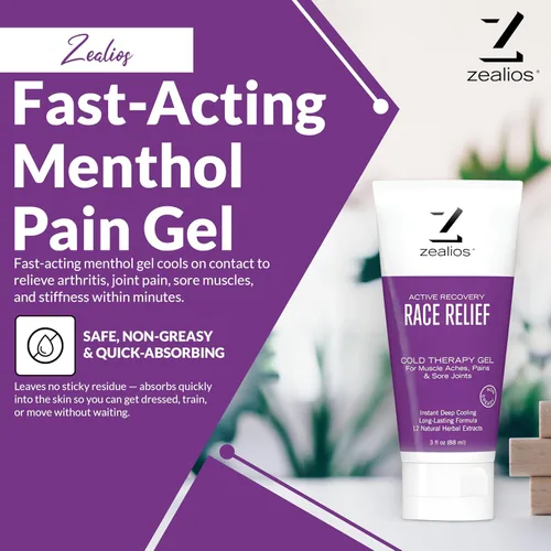 Vista 2 de Zealios Race Relief - Gel de alivio del dolor de mentol, tubo de 3 onzas, gel de alivio del dolor de acción rápida para dolor muscular y artritis