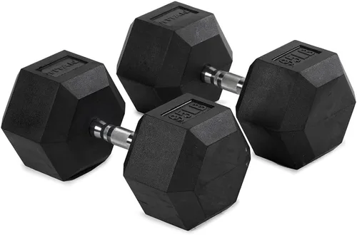 Vista 15 de Titan Fitness Pair Rubber Coated Hex Dumbbells, Roll-Resistant Hexagonal Free Weights, Chrome-Coated Handles with Knurling, Strength Training