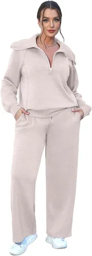 Vista 3 de XIEERDUO Conjuntos de descanso para mujer 2023 sudadera de gran tamaño con media cremallera y pantalón deportivo de pierna ancha de 2 piezas
