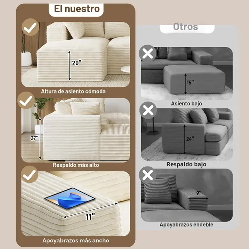 Vista 9 de Sofás seccionales en forma de U de gran tamaño de 131 pulgadas para sala de estar, cómodo sofá modular de pana esponjosa beige sin hueso, sofá