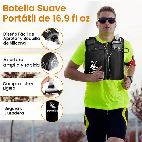 Vista 6 de Chaleco de correr con cremallera, chalecos reflectantes para correr con 6 bolsillos, botella de hidratación de 16.9 fl oz, pecho y cintura