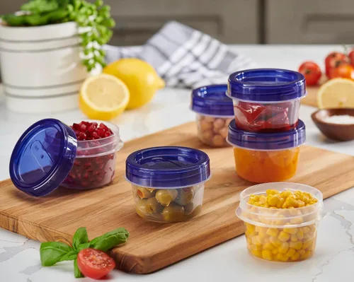 Vista 2 de PLASTICPRO Paquete de 6 Recipientes de Almacenamiento de Alimentos con Tapa Giratoria con Tapa Azul Atornillable - Recipientes Reutilizables de 4 oz