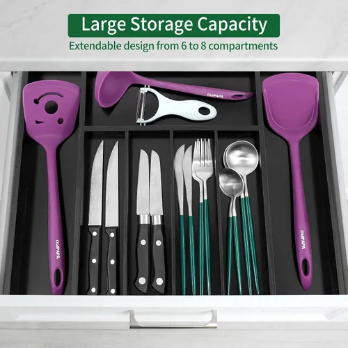Vista 3 de Utoplike Organizador de cajones de cubiertos de bambú, organizador de cajones de utensilios de cocina expandibles, separadores de bandeja de Negro