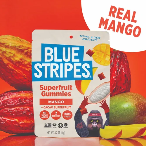 Vista 6 de Blue Stripes Cacao Superfruit Gummies - Vegan Chewy Fruity Snack, No Sugar Added 100% Fruit Gummy, 9 Essential Vitamins & Minerals, Natural Tropical