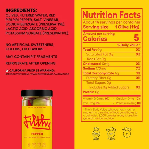 Vista 2 de Aceitunas rellenas de pimiento Filthy Pepper, guarnición premium para cócteles, aceitunas rellenas de pimiento Piri Piri, sin OMG, sin gluten