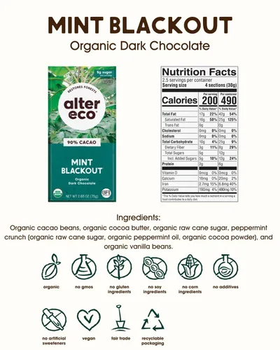 Vista 2 de Alter Eco Barras de chocolate negro Cacao oscuro puro, comercio justo, orgánico, sin OMG, sin gluten (paquete de 2 menta apagón)