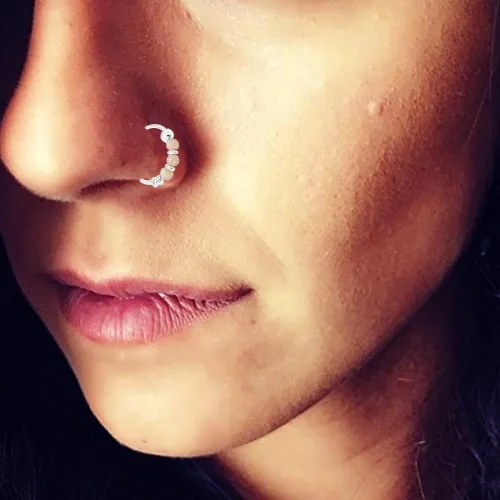 Vista 5 de AtoZ Piercing Triple ópalo bola en oro blanco sólido de 9 K calibre 22 aro nariz anillo joyería