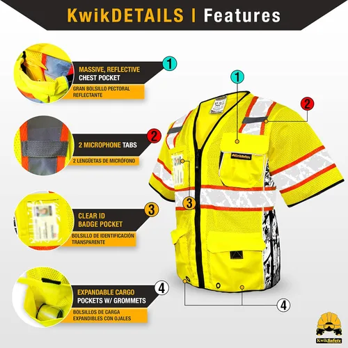 Vista 4 de KwikSafety - Charlotte, NC - Chaleco de seguridad de edición limitada EXECUTIVE HIGHWAYBOSS [8 bolsillos] Equipo de construcción de malla Amarillo