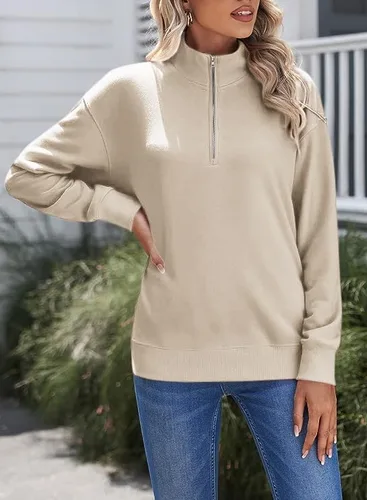 Vista 2 de Sudadera casual de ajuste relajado con cremallera de un cuarto para mujer, color liso
